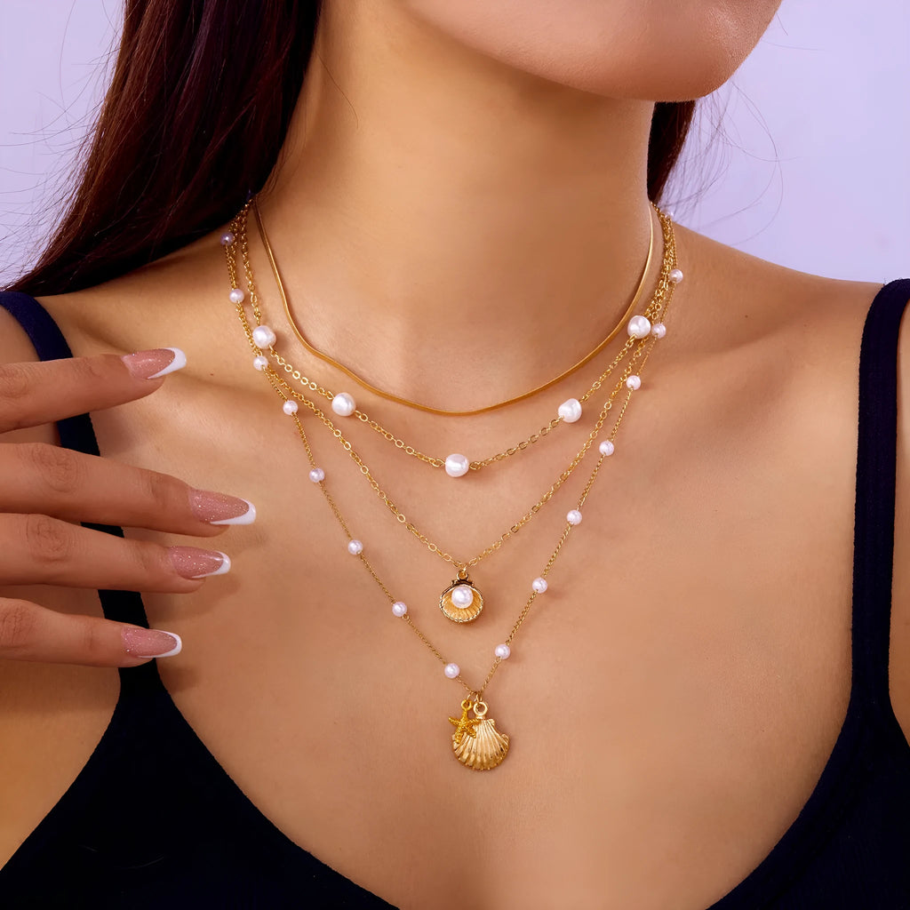 Multi layer alloy necklace set with shell and starfish pendants, electroplated finish, Love heart colour, regular chain