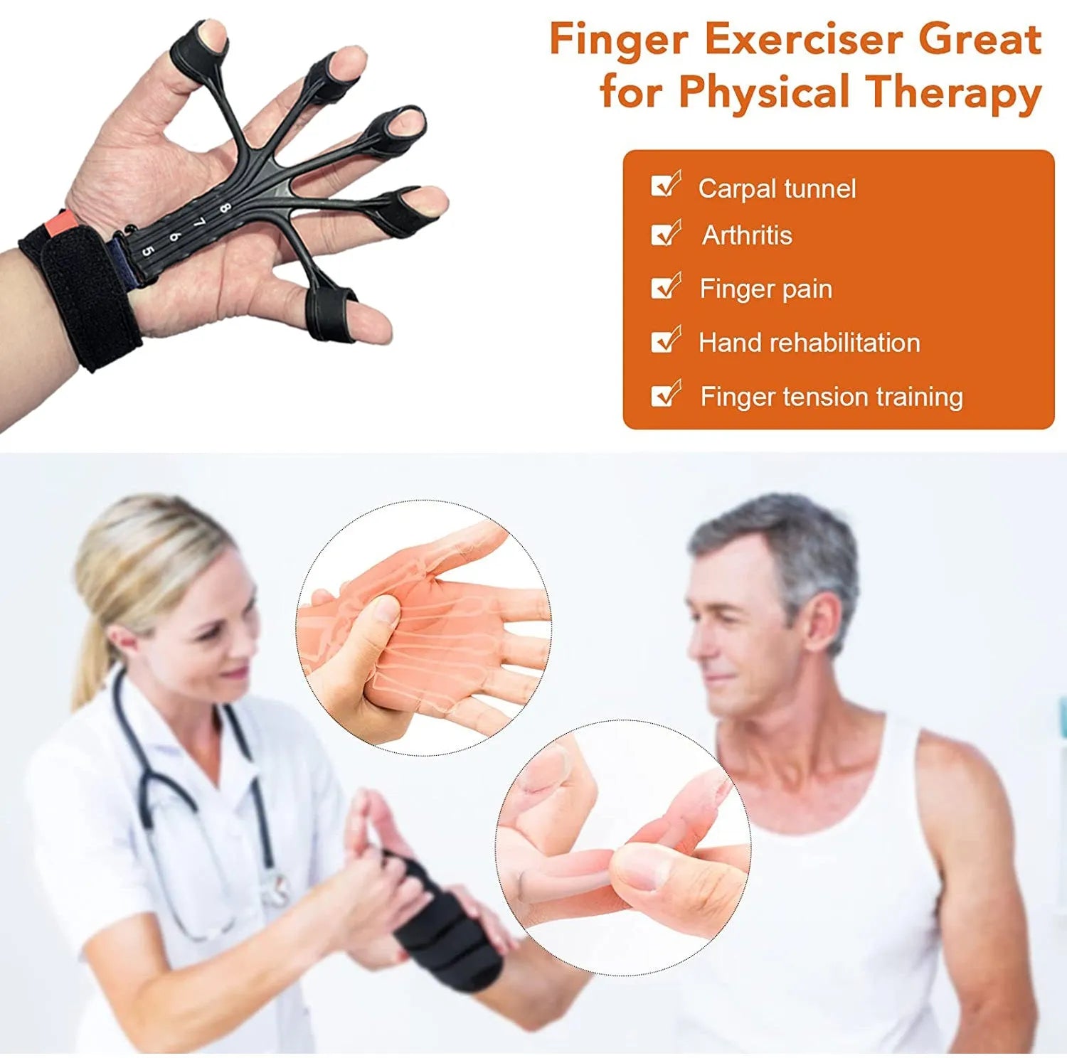 Silicone finger flexion and extension rehabilitation trainer with adjustable strap in black or grey.