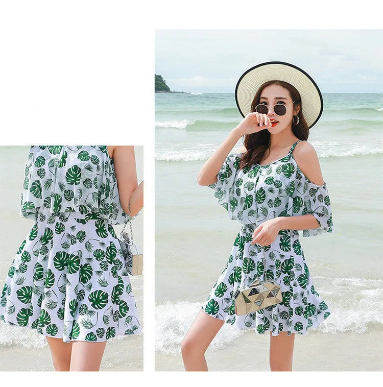 Women's green leaf printed one-piece swimsuit with polyester construction for swimming