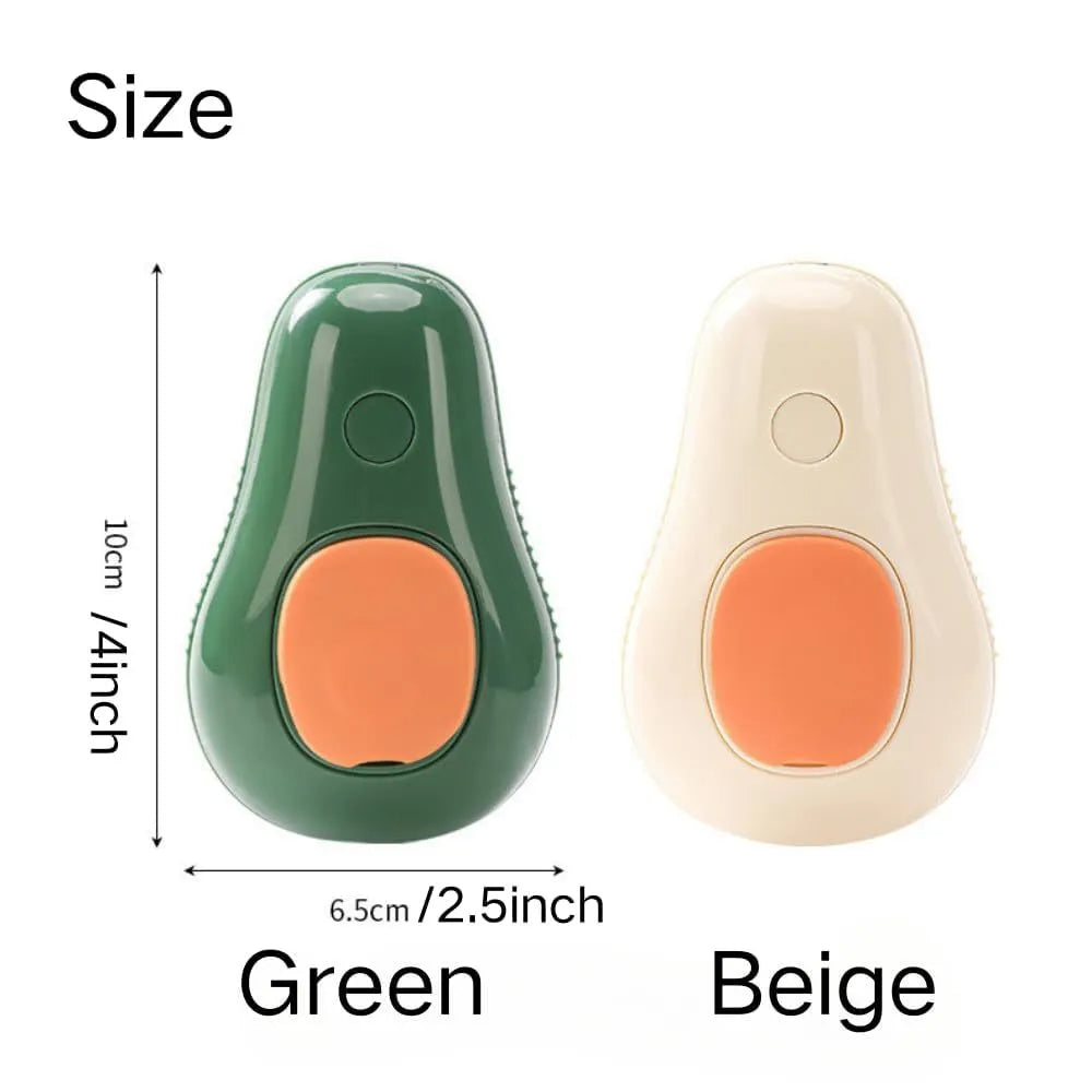 Green and white 3-in-1 cat steam brush with water spray and soft silicone teeth for pet grooming.
