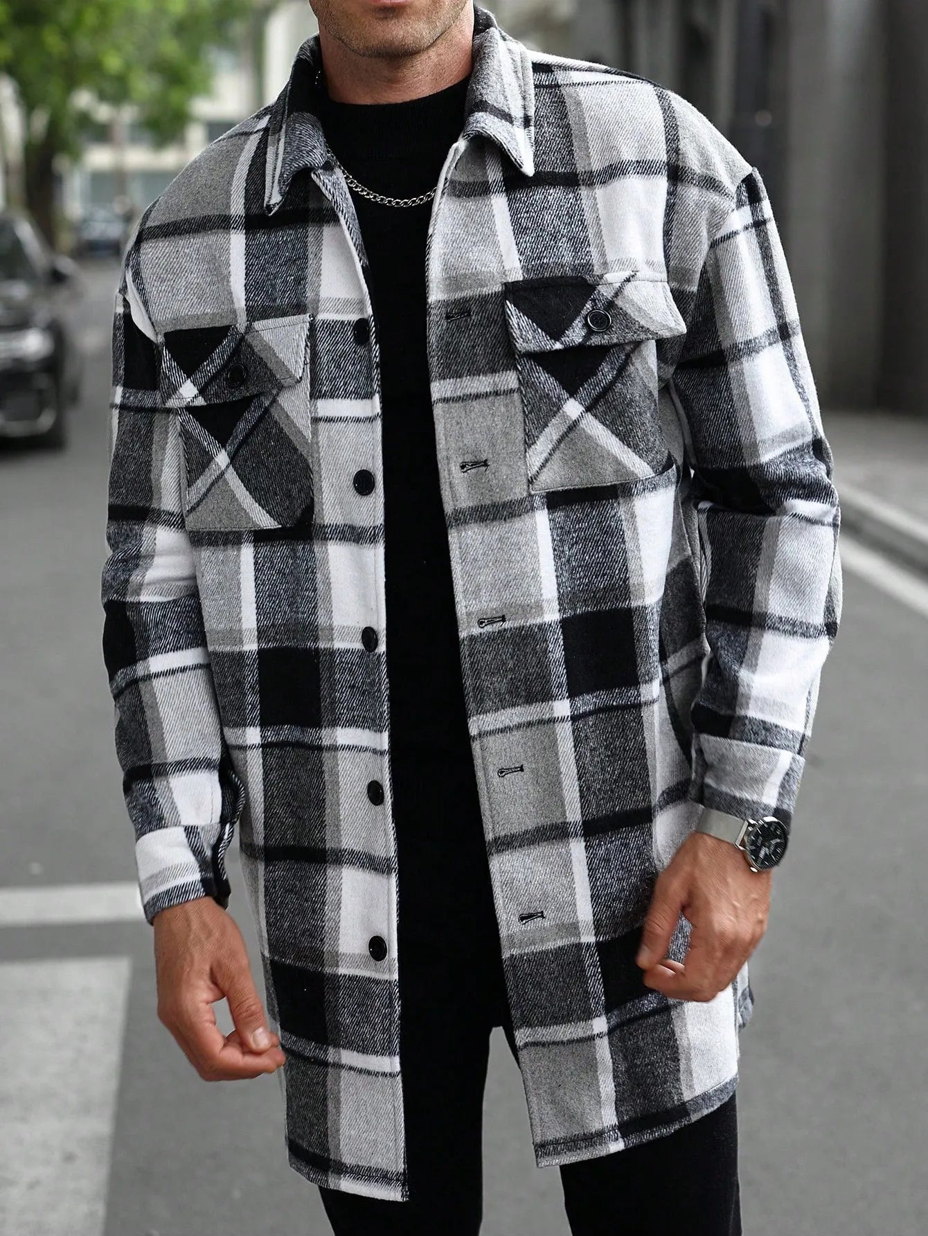 Men's long casual button shirt jacket grid pattern slim fit with double 3D patch pockets in five colours S-XXL
