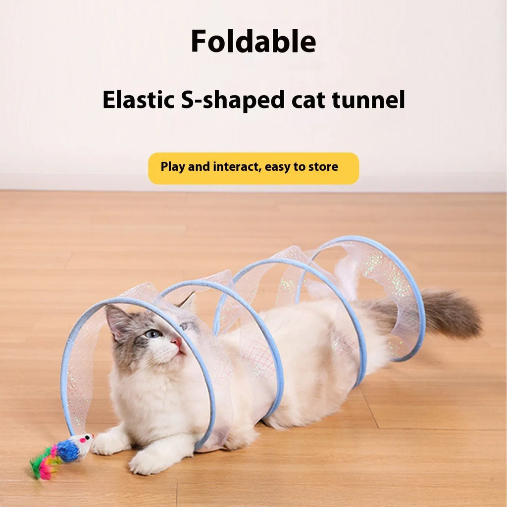 Steel wire frame cat tunnel toy with elastic net material and feather attachments for interactive pet play
