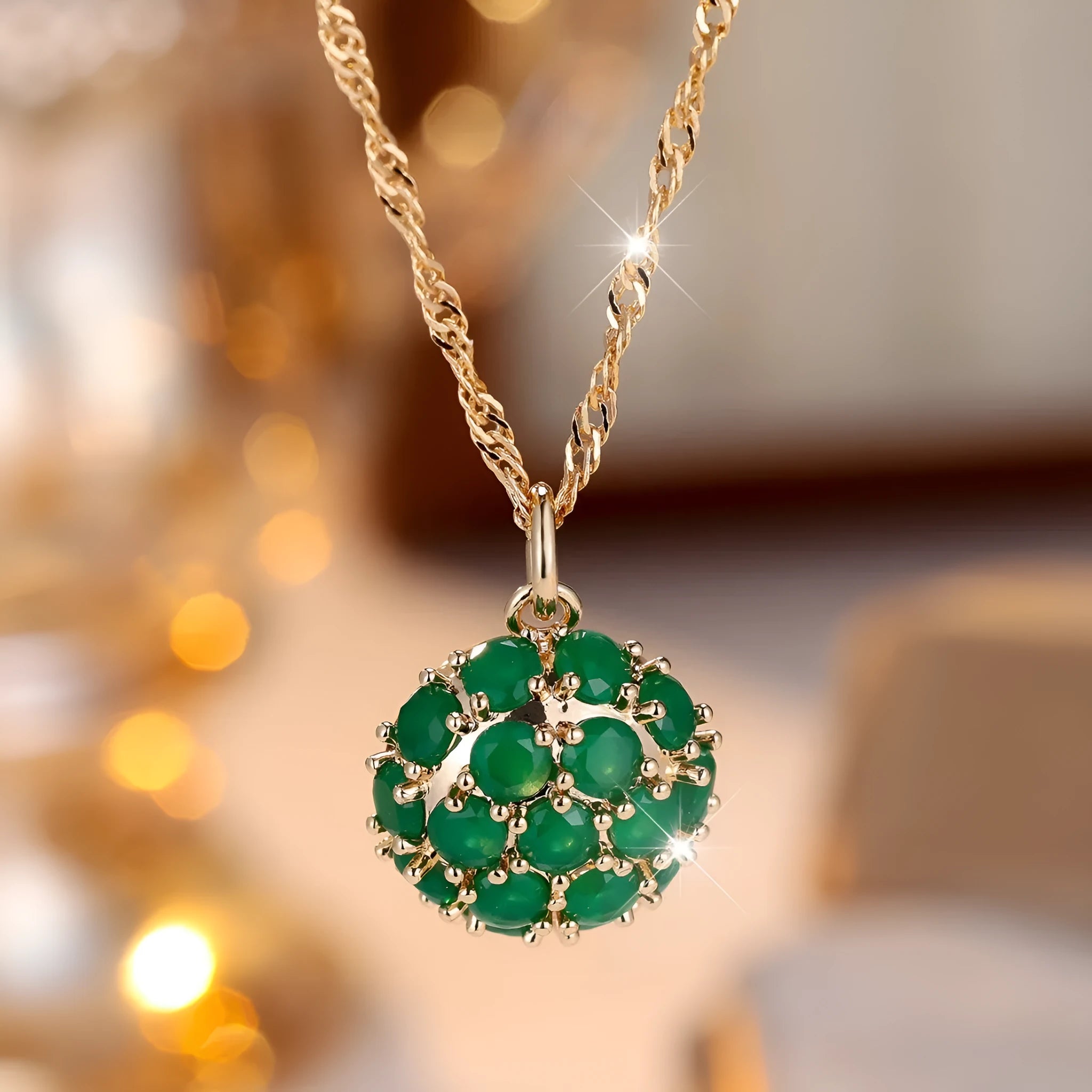 Round emerald diamond necklace with geometric pendant on gold plated chain