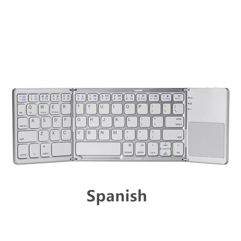 Black tri-fold folding Bluetooth keyboard with touchpad, shown both folded and unfolded