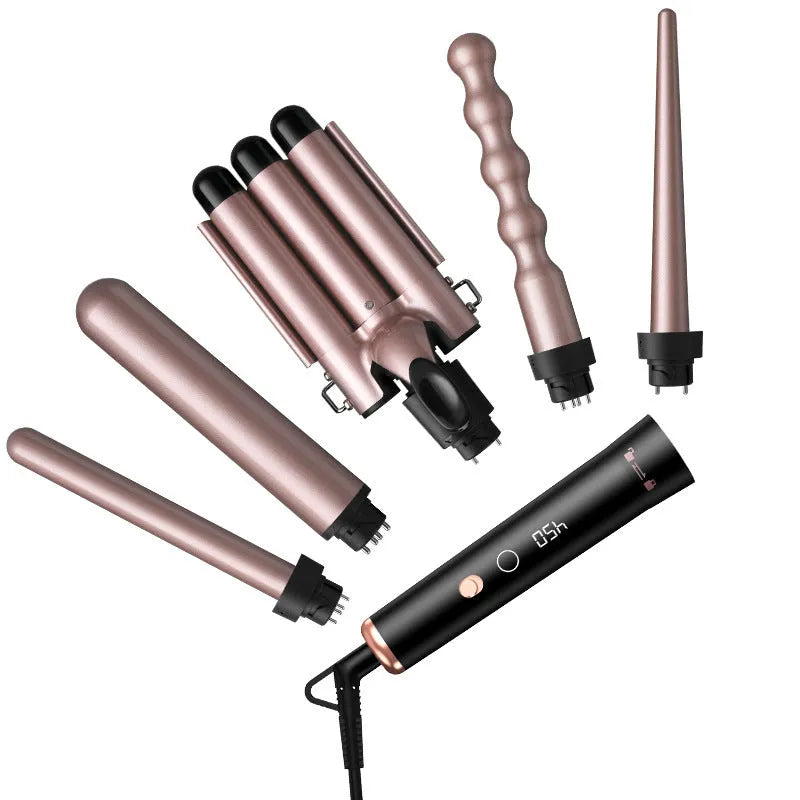 Rose gold five-tube negative ion hair curler with LCD display and protective gloves