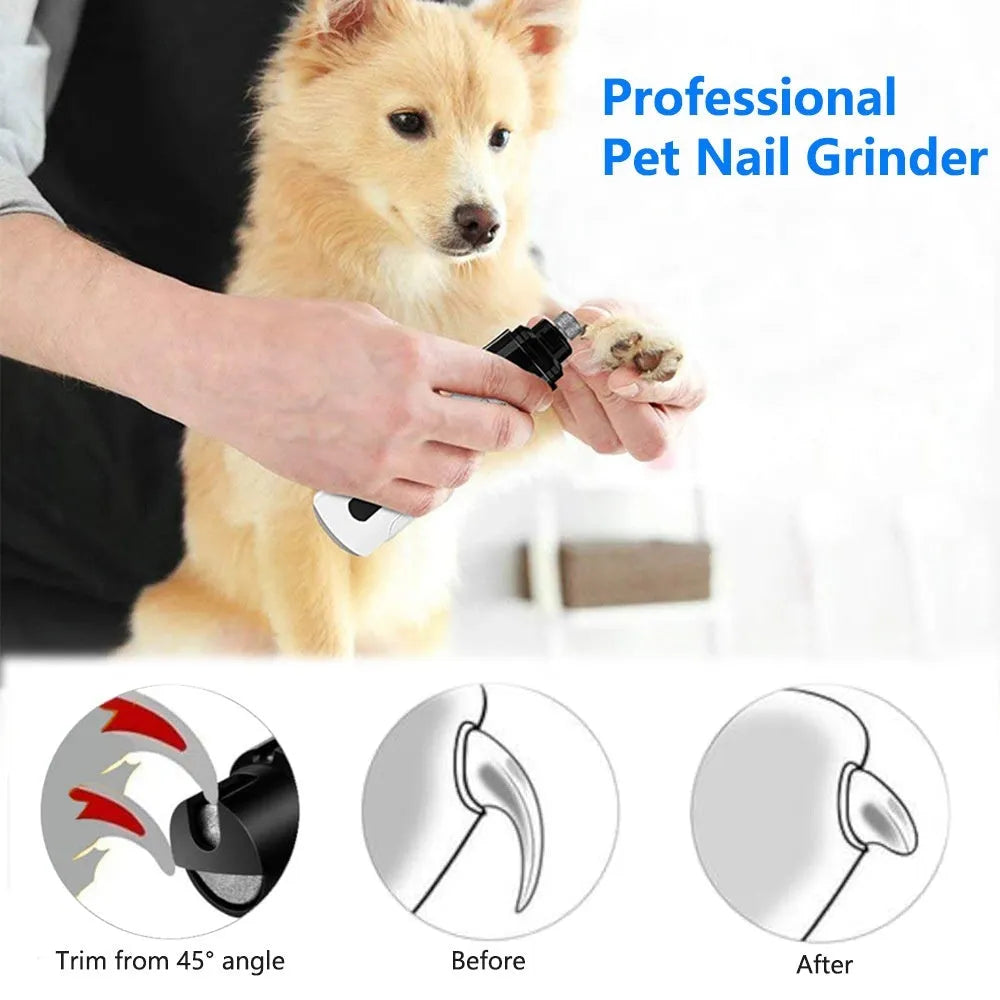 White electric dog nail trimmer with a grinding head, LED light display, and a dust collection compartment on a grey background.