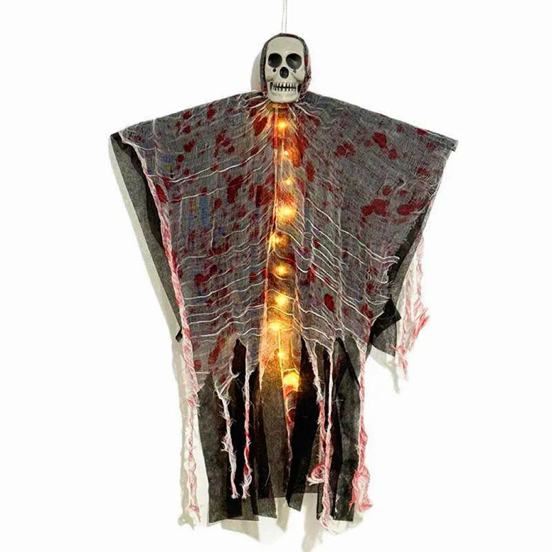 Blood-dyed luminous plastic skull hanging ghost Halloween ornament for outdoor decoration.