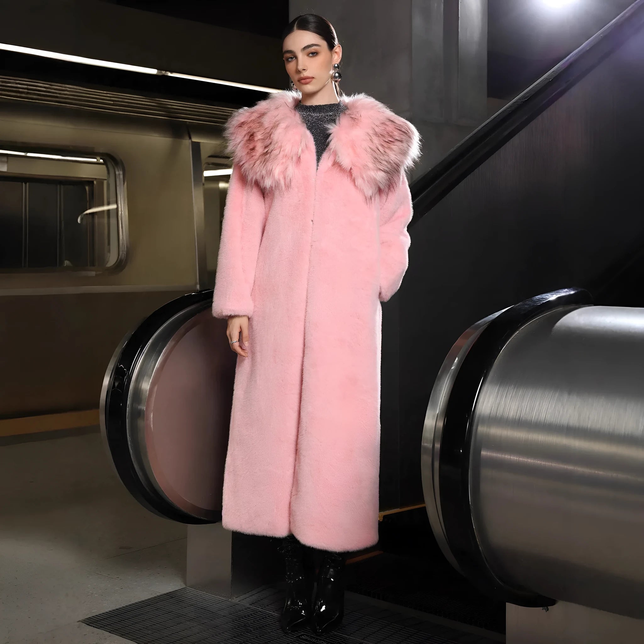 Women's pink plush faux fur long coat with fur collar, full-length 80cm design
