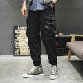 Men's cotton cargo pants in black, grey, and khaki, casual multi-pocket trousers with size chart.