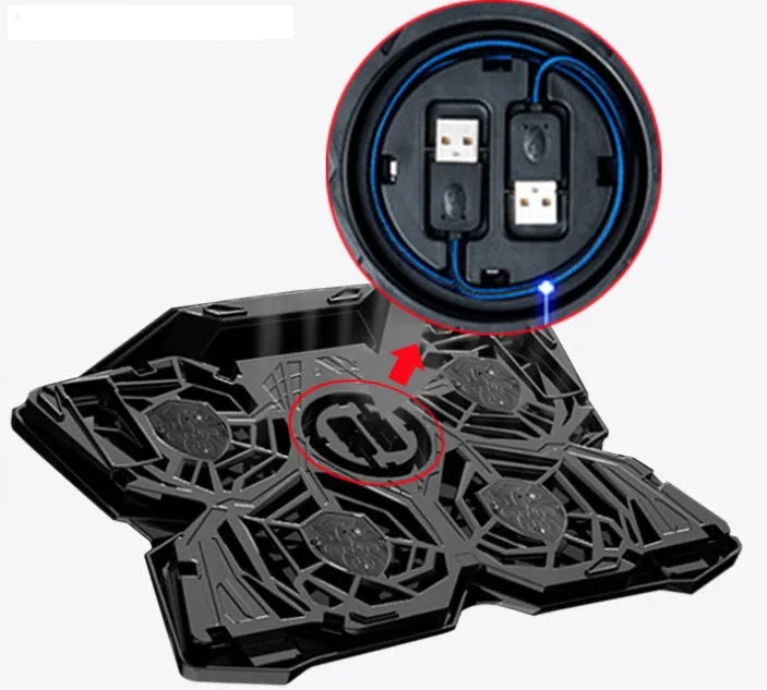Blue laptop cooling base with four LED fans and two USB ports on a desk.