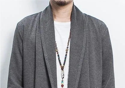 Men's casual linen blend cardigan in dark gray, loose fit with lapel collar, front view