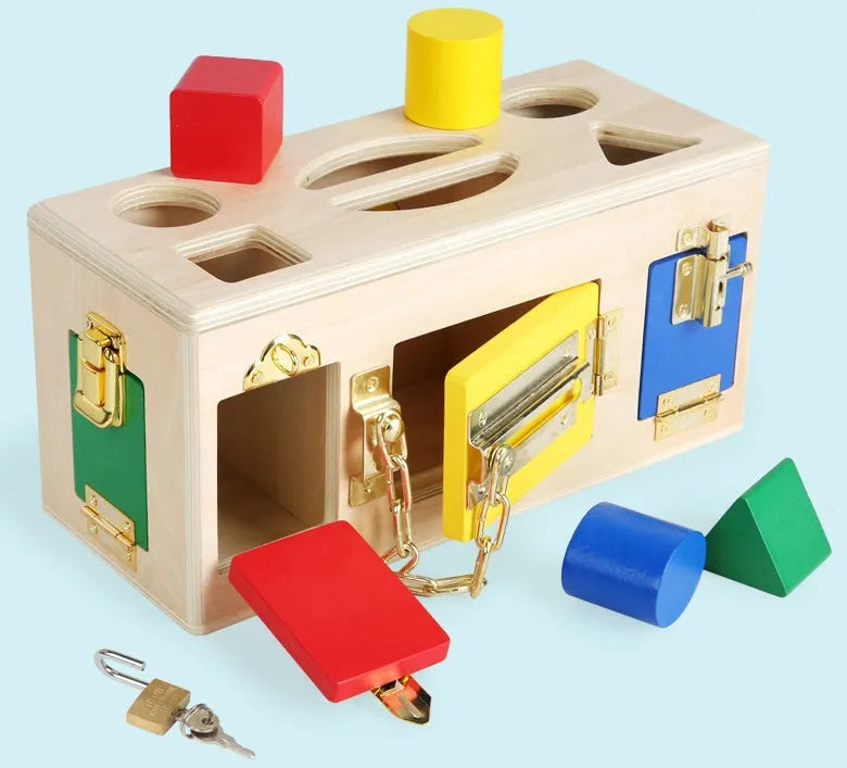 Wooden shape lock box educational toy with 12 colourful pieces for preschool children