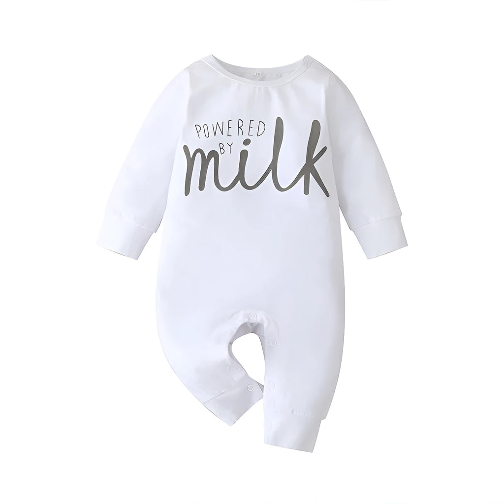 White alphabet baby bodysuit with concealed front buttons, 95% cotton, suitable for newborns