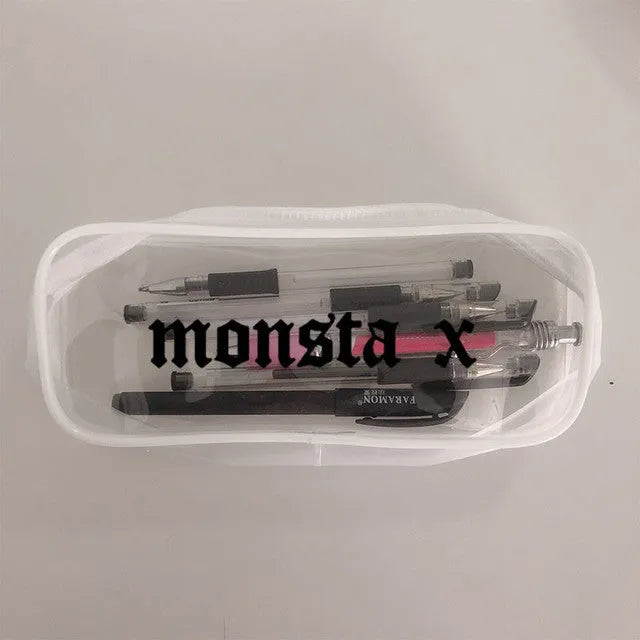 Transparent silicone pencil case 20cm x 8cm x 3.5cm with K-pop design options and black or white colourways.