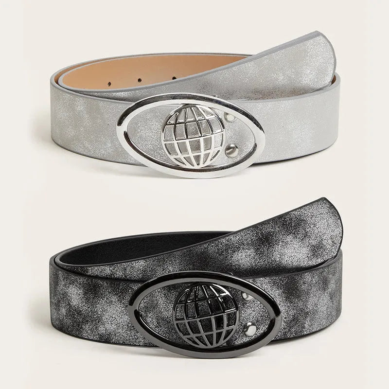 Women's vintage oval buckle belt in thick 4cm width with antique grey white colour