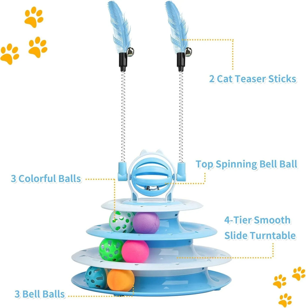 Blue four-tier rotating cat carousel toy with six coloured balls, a top bell, and two teasing rods on a non-slip base.