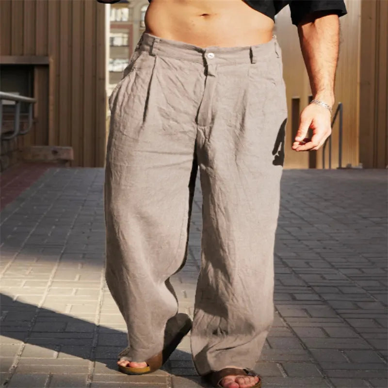 Men's linen cotton mid-waist pleated wide-leg trousers in khaki, front view