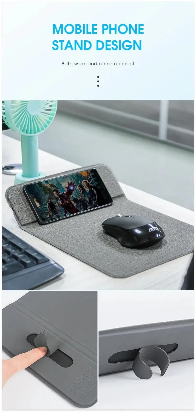 Grey foldable cloth phone holder with integrated wireless charger, showing a mobile phone standing on it at an angle.