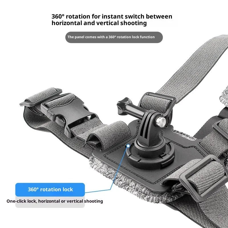 Chest mount with dual-camera setup for action camera and phone, including curved extension rod and anti-shake rope