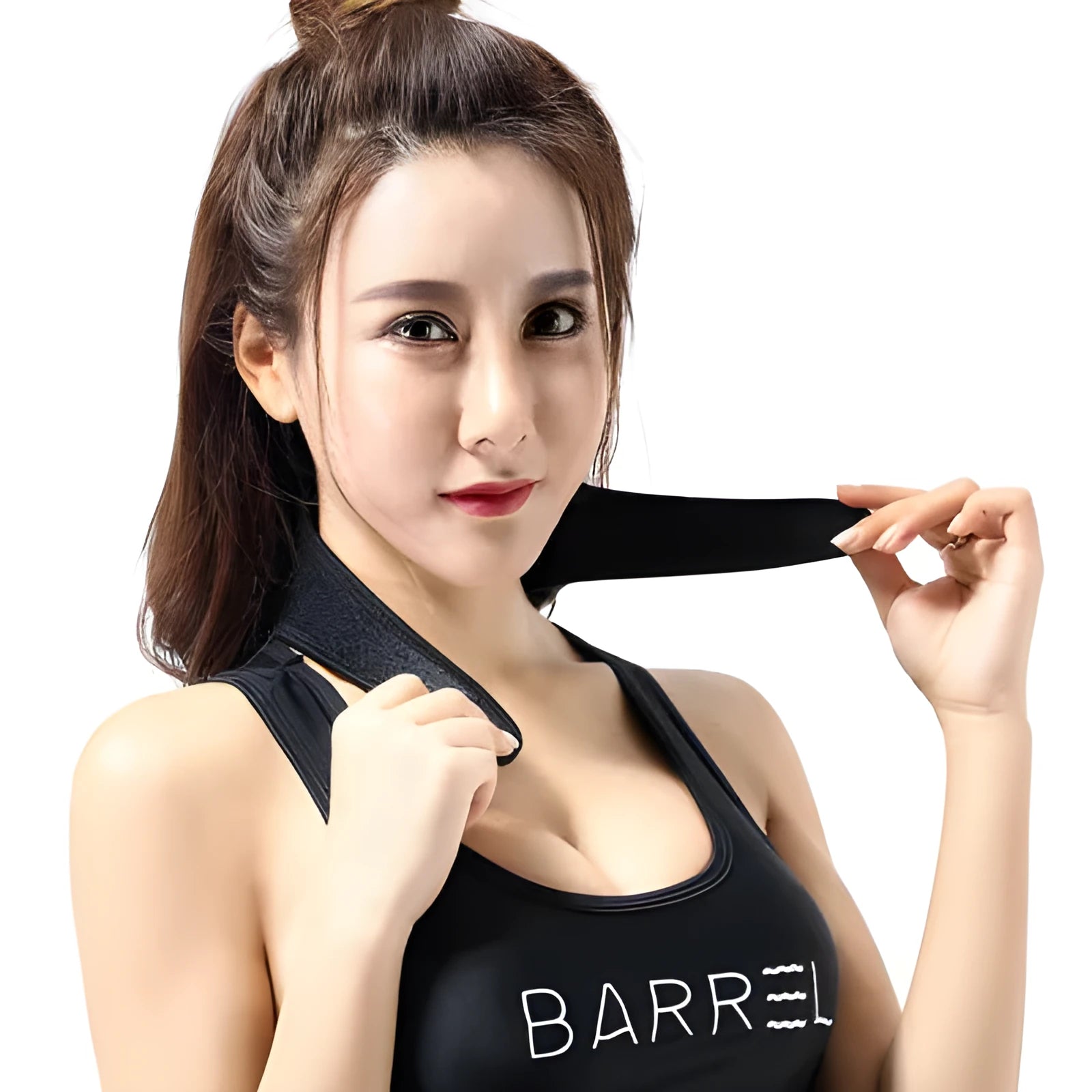 Black self-heating magnetic therapy neck guard showing adjustable strap.