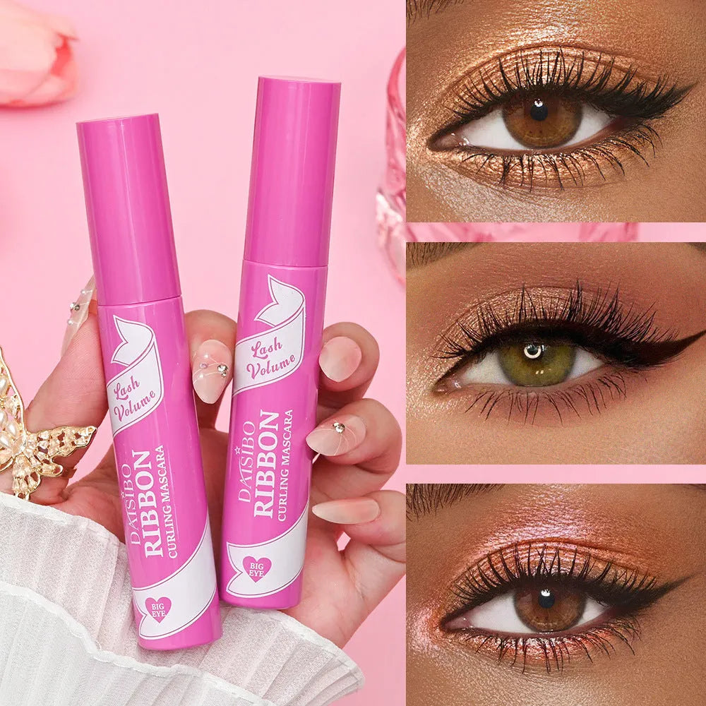 Pink tube of long thick curling mascara with not smudge formula 10ml