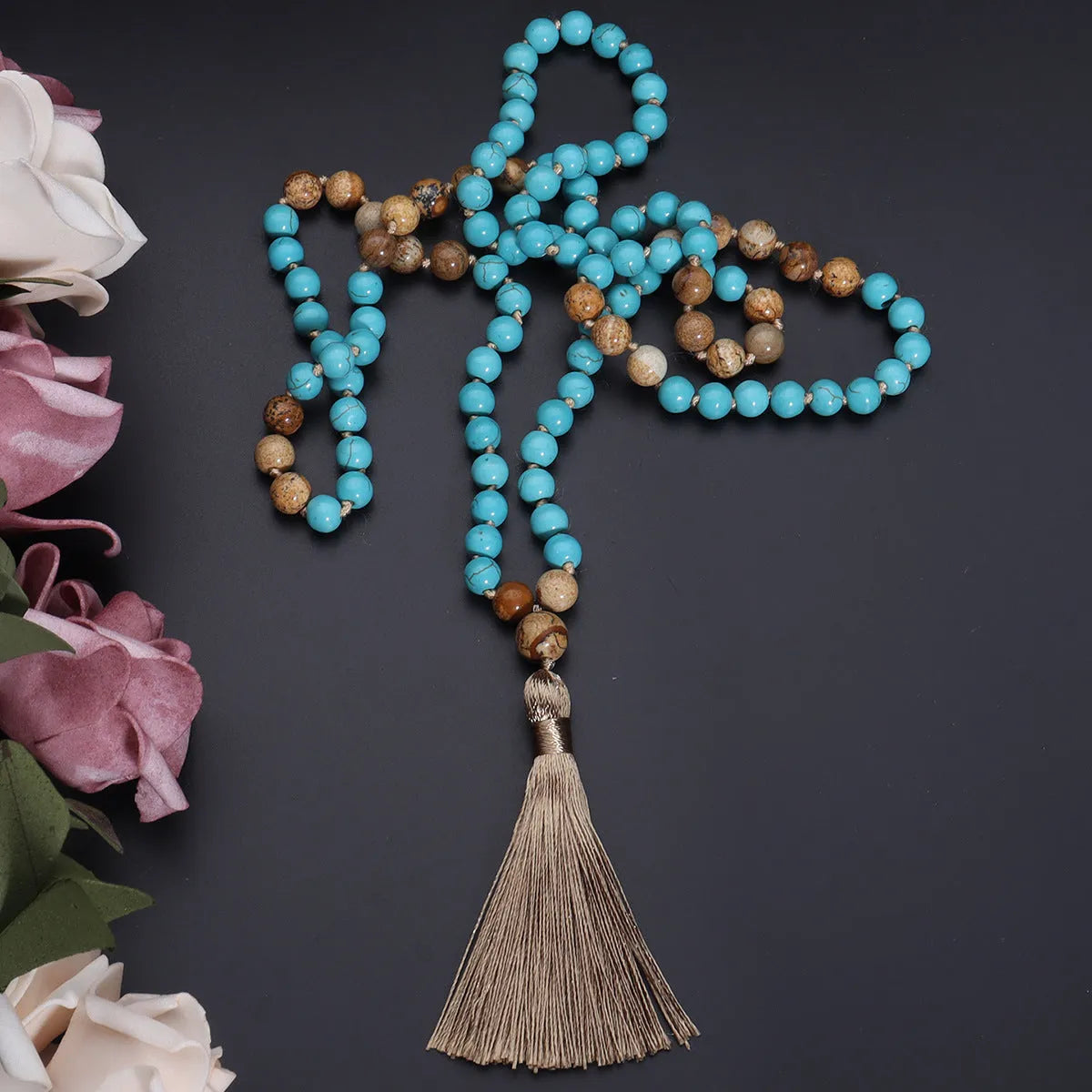 108 Mala necklace with blue pine painted turquoise beads on spherical beaded chain