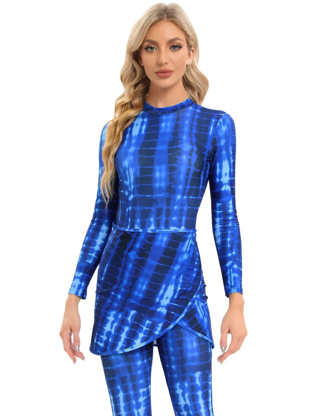 Conservative women's three-piece swimsuit set with apron in a fresh print, shown in Sapphire blue.