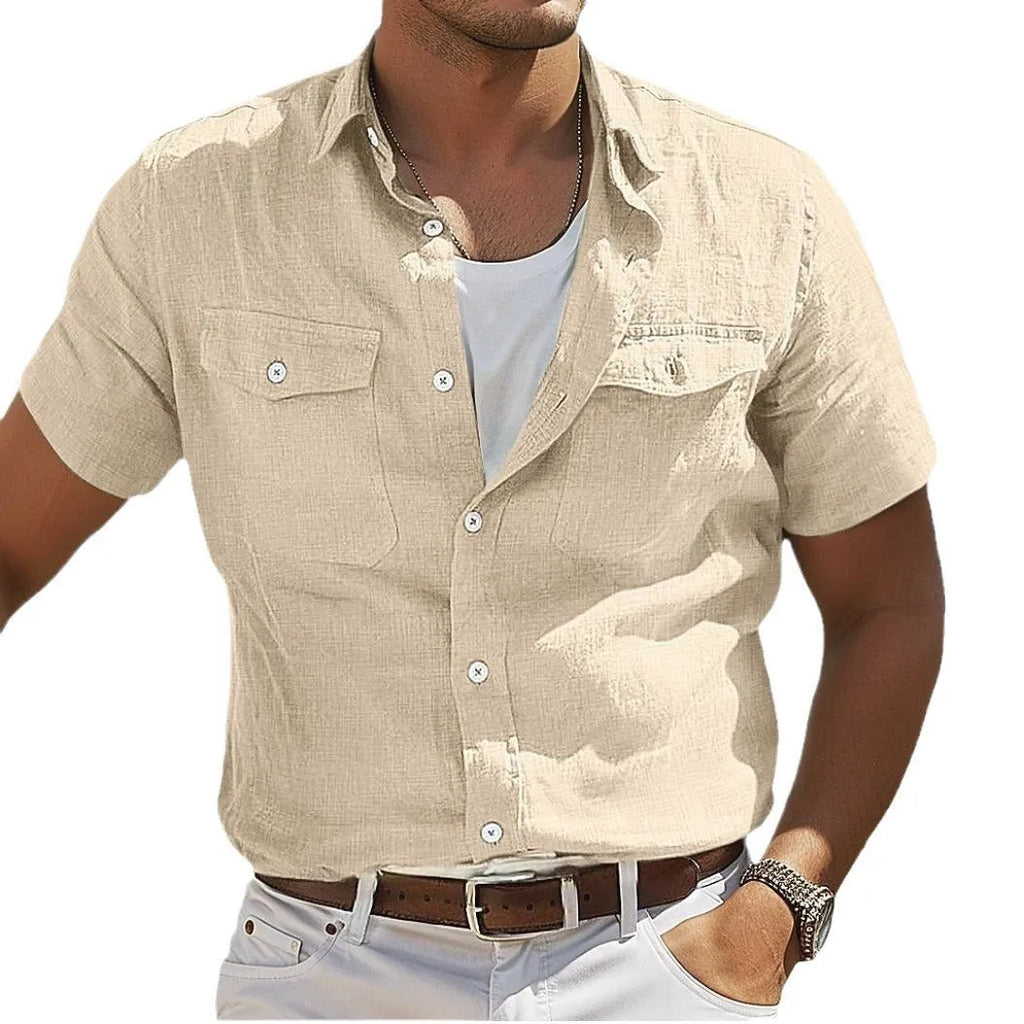 Men's loose fit cotton summer shirt with polo collar in solid colours