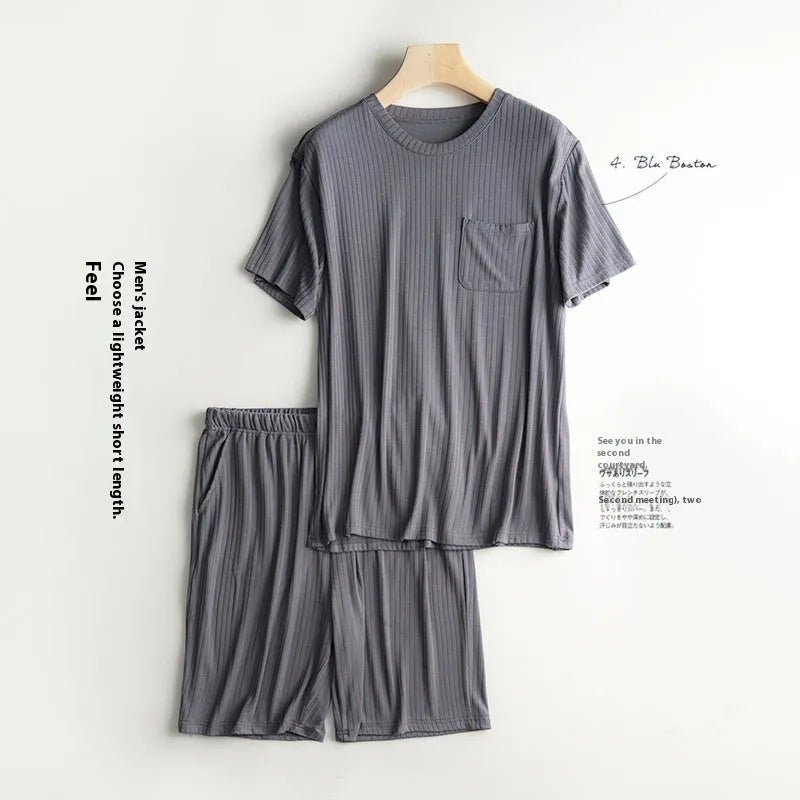 Men's thin polyester summer home wear suit with short sleeve T-shirt and matching shorts in oatmeal and deep gray colour combination