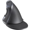Black M618 wireless vertical ergonomic mouse with USB receiver on a desk mat