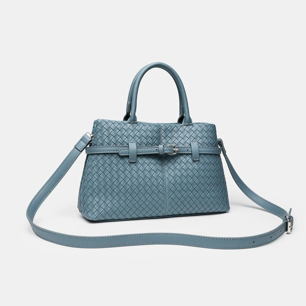 Simple commute large capacity woven pattern bag for women in beige, PU material, horizontal square shape with double shoulder straps
