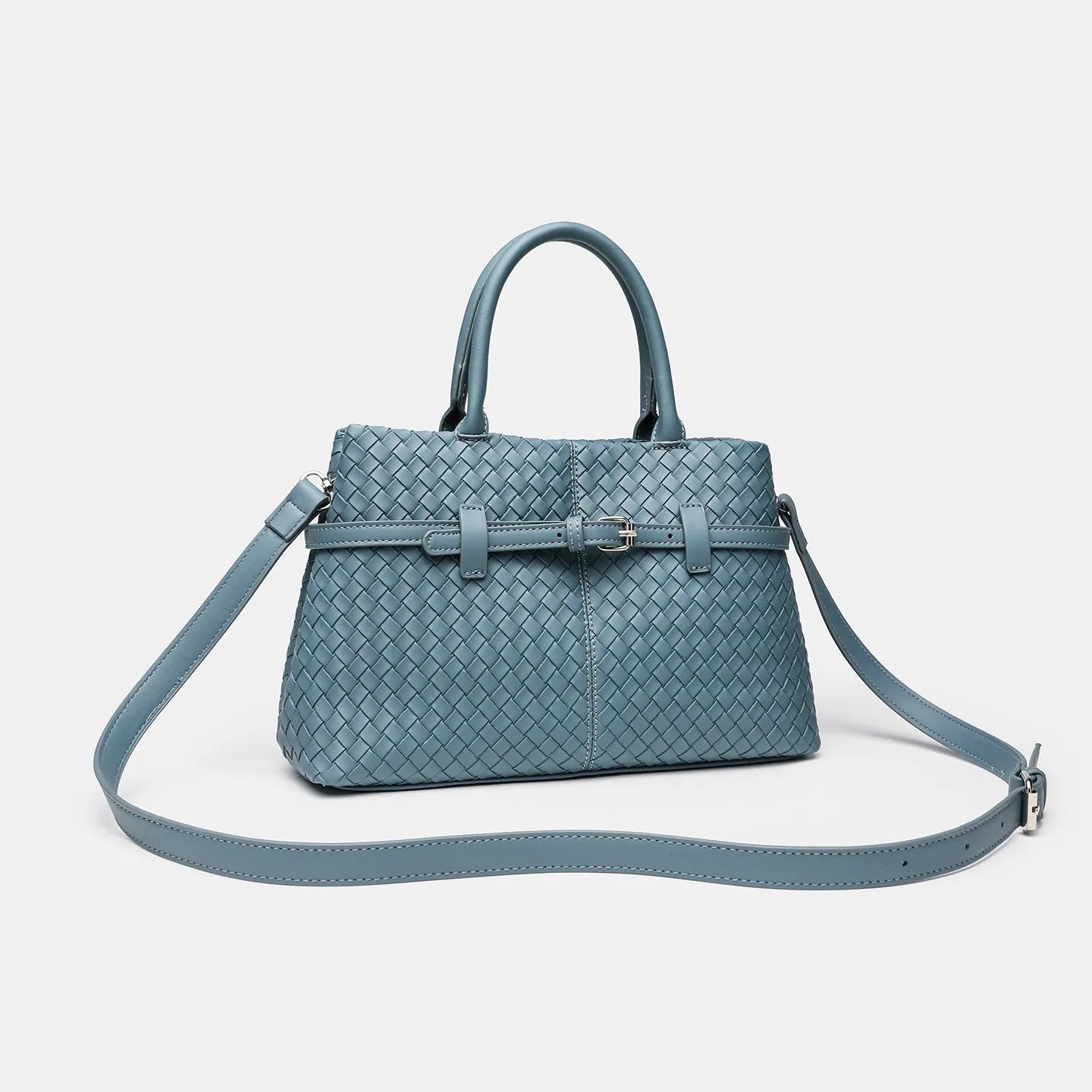 Simple commute large capacity woven pattern bag for women in beige, PU material, horizontal square shape with double shoulder straps