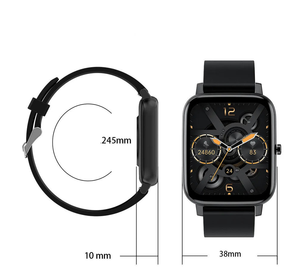 H80 smartwatch with black silicone strap showing ECG and heart rate data on its 1.69-inch screen.