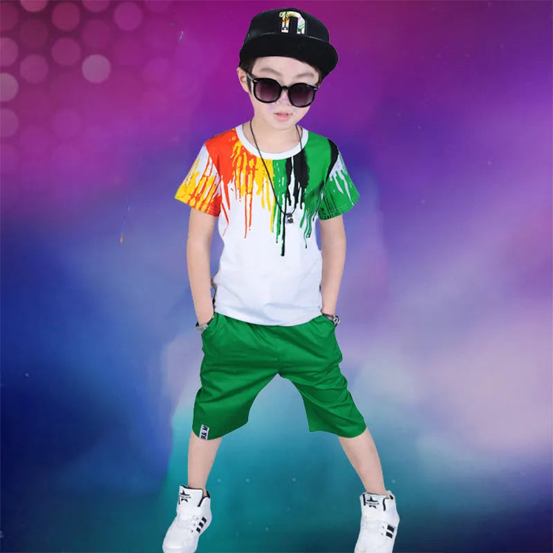 Childrens clothes set summer short sleeve top and shorts green orange Korean style boys 100-150cm