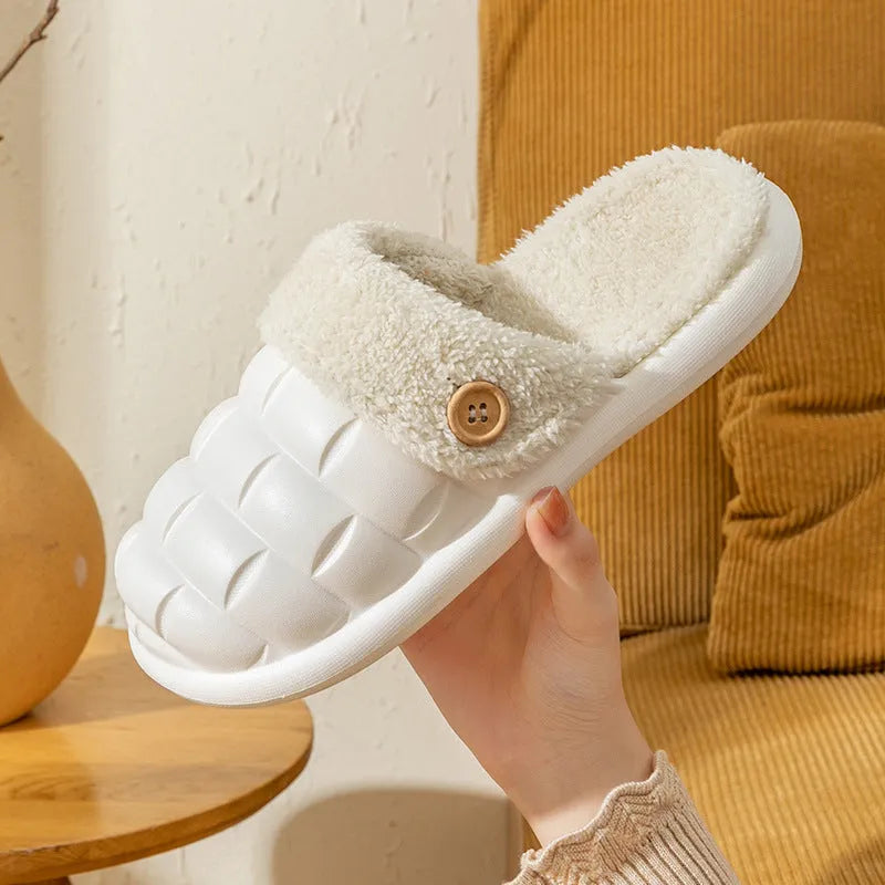 Pink and green detachable EVA slippers with plush lining and a textured sole.