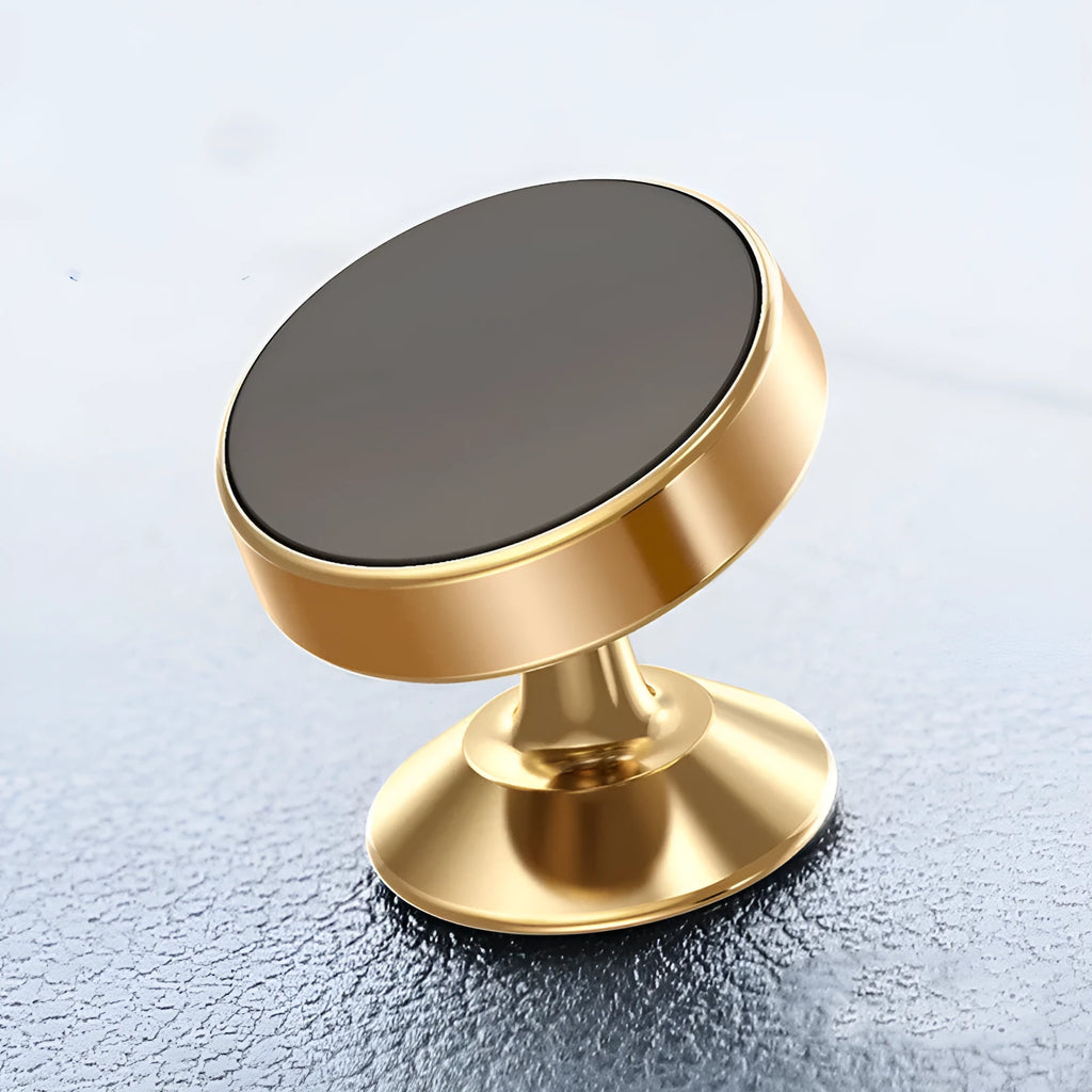 Aluminium alloy magnetic car phone holder in black, gold, or silver with paste or snap mounting.