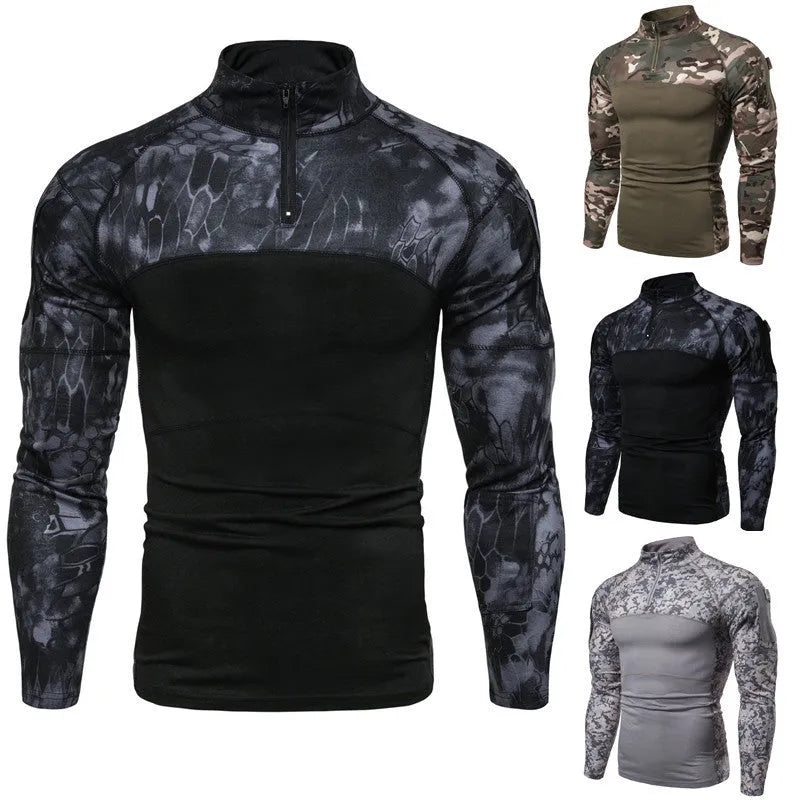 Camouflage panel zipper T-shirt in cotton blend, army green, grey or black, sizes L to XXXL