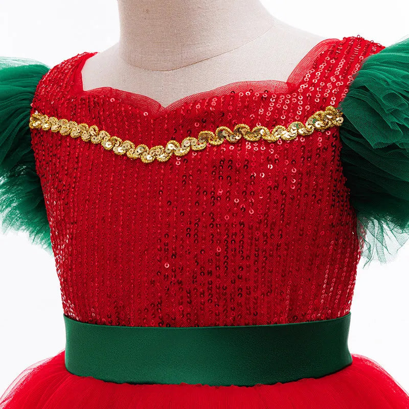 Children's colour-blocking princess dress with lace in D1557 red, suitable height 100-150cm, polyester fabric