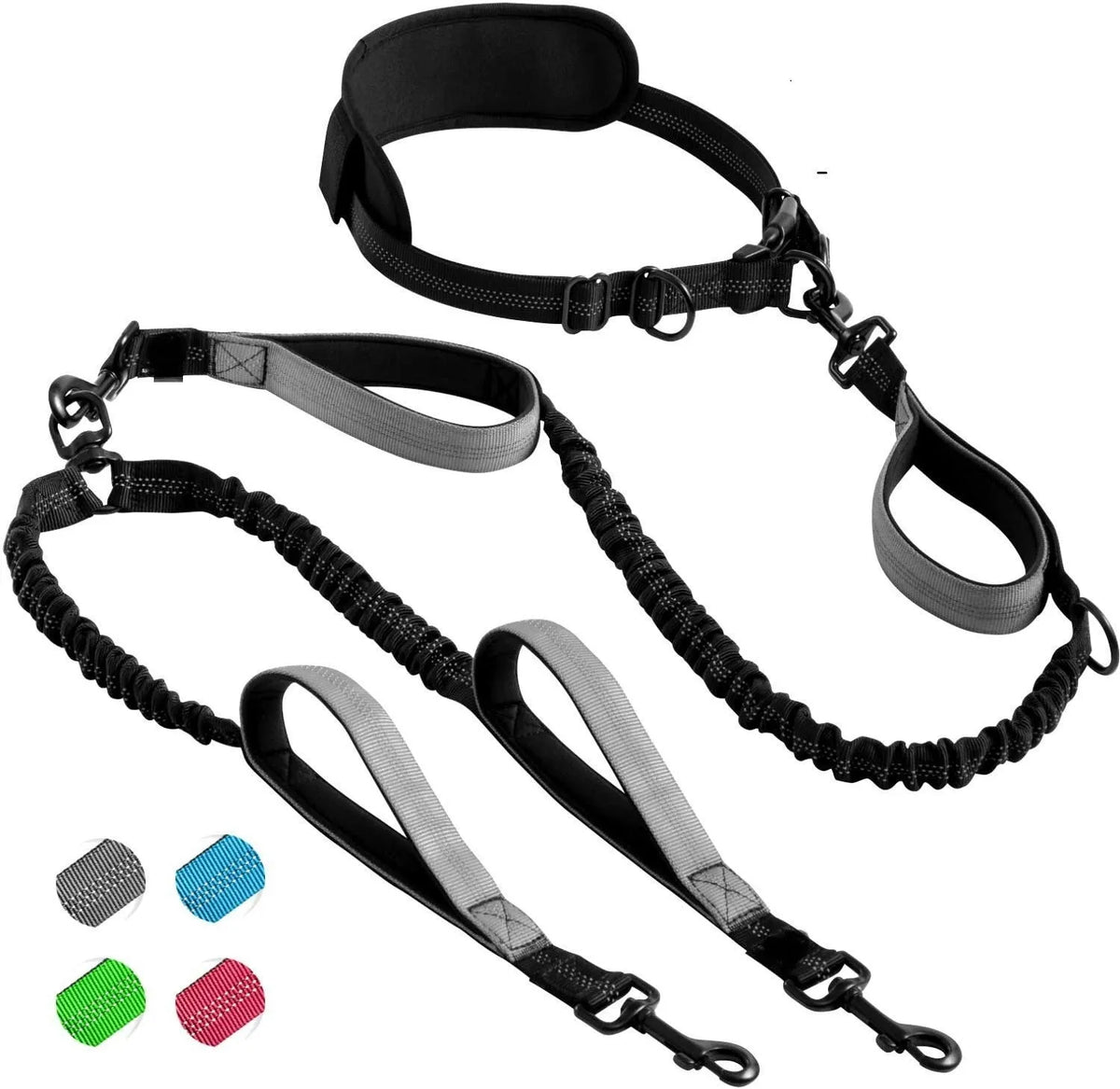 Nylon dog running traction belt with hand-holding rope, 115cm stretch double-ended section, and 135cm waist belt in black and blue