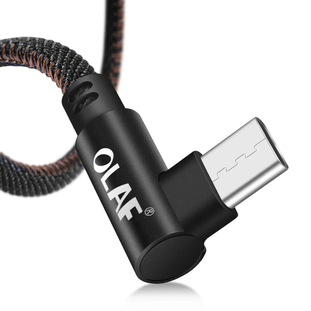 Denil fabric braided USB fast charging cable with aluminium alloy connectors in black and blue.