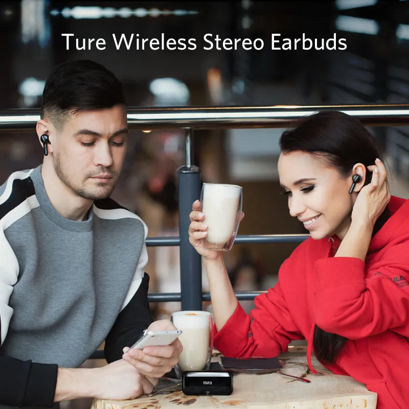 Black and white true wireless earbuds with Bluetooth 5.0 and IPX5 splash resistance.