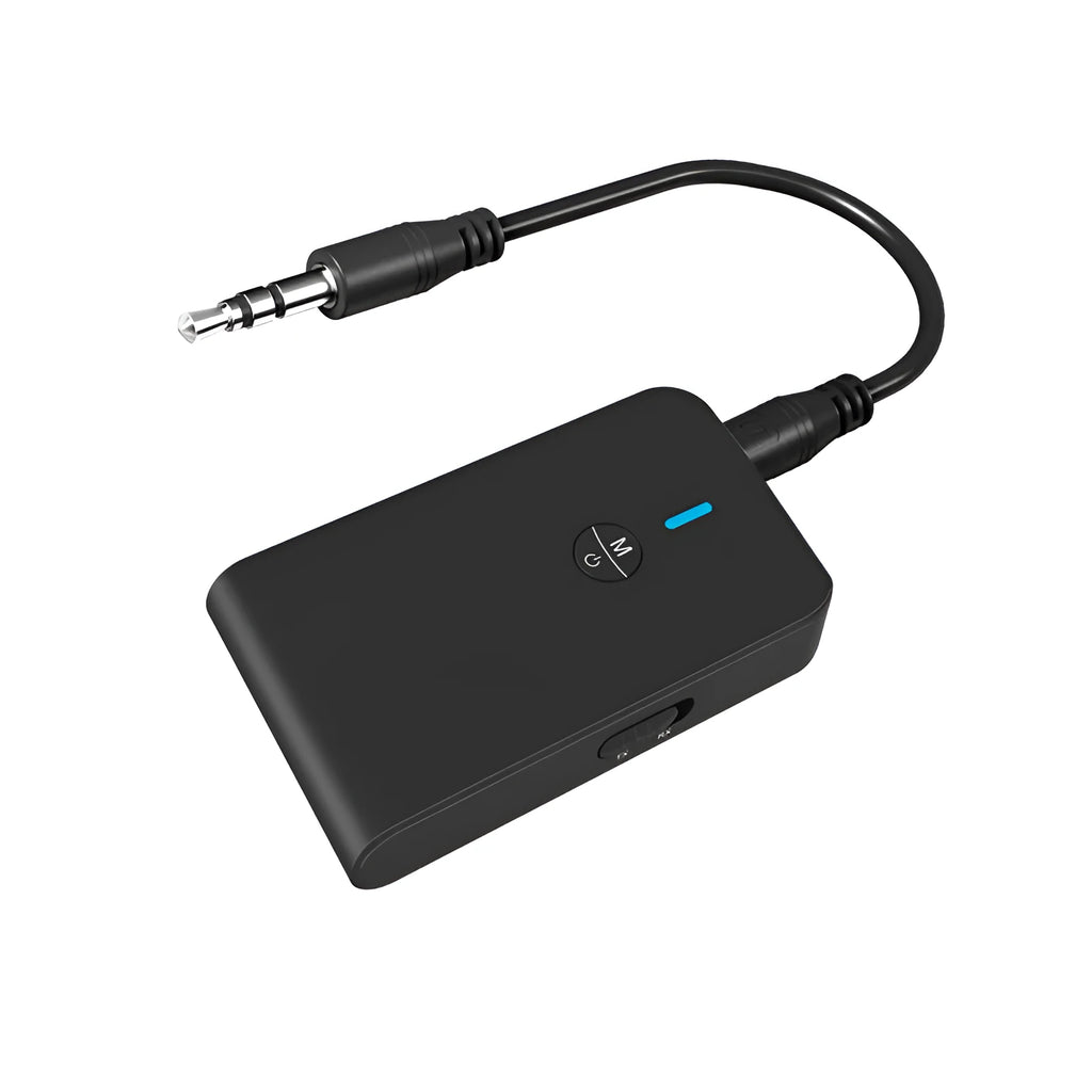 Black Bluetooth adapter with 3.5mm AUX plug for wireless audio transmission