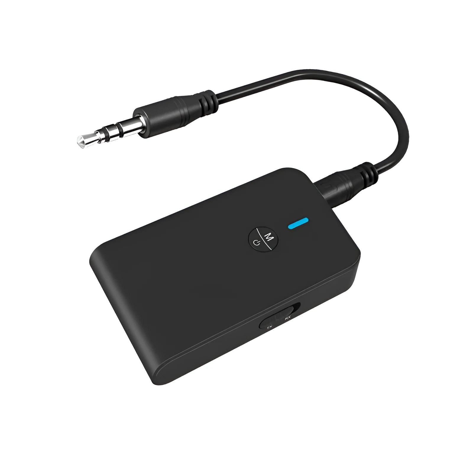 Black Bluetooth adapter with 3.5mm AUX plug for wireless audio transmission