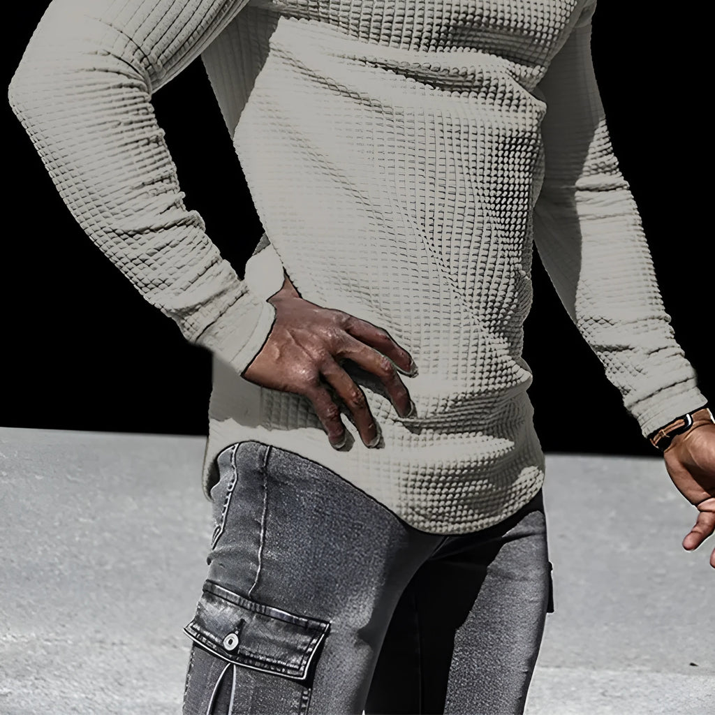 Men's stand collar half zip plaid sweater in polyester fibre, long sleeves, available in multiple colours