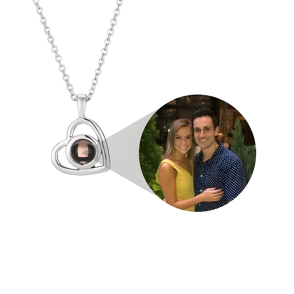 925 silver heart shaped pendant with custom photo projection feature on white background