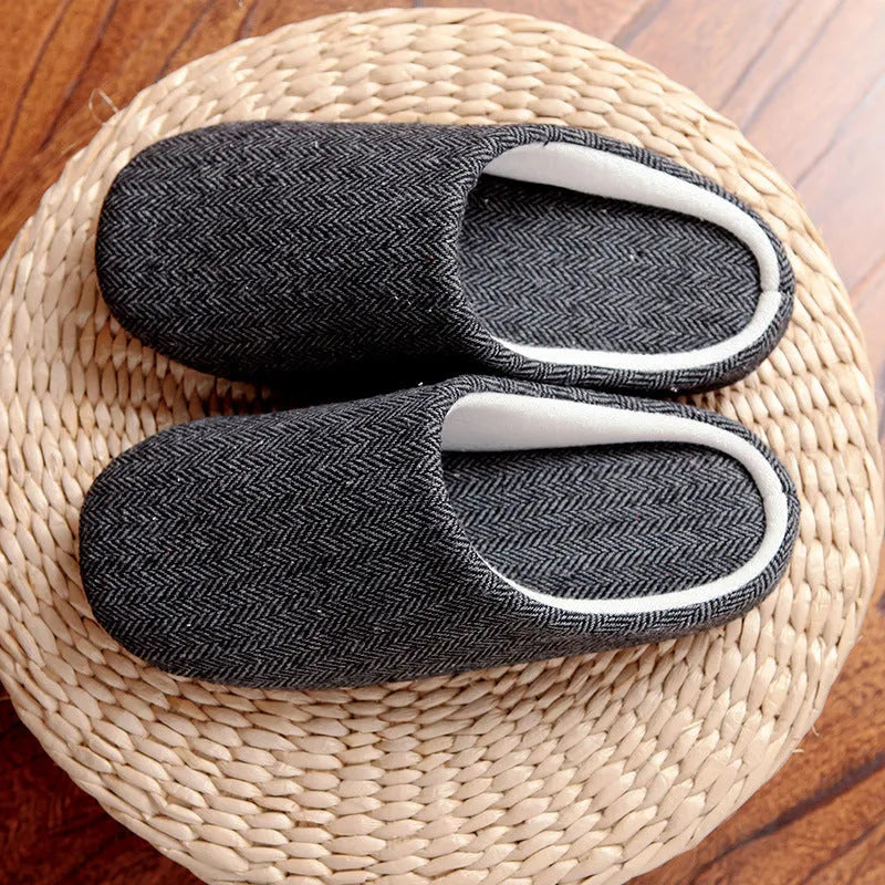 Men's black cotton indoor slippers with soft anti-skid sole, autumn season, size 280mm