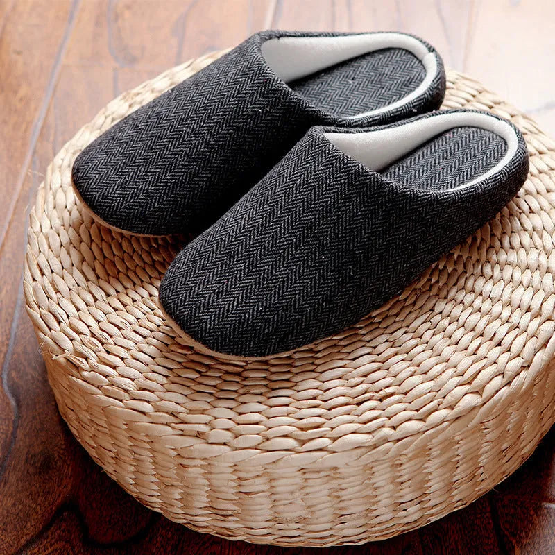 Men's black cotton indoor slippers with soft anti-skid sole, autumn season, size 280mm