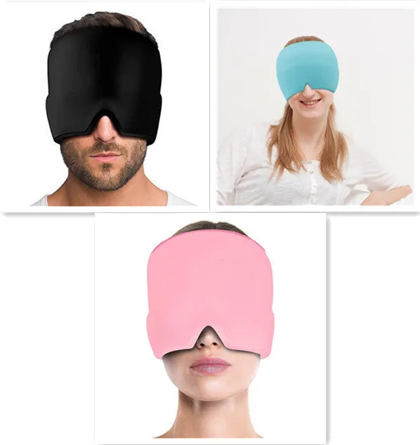 Black elastic cloth gel ice headache relief eye mask showing adjustable headband and cooling gel construction