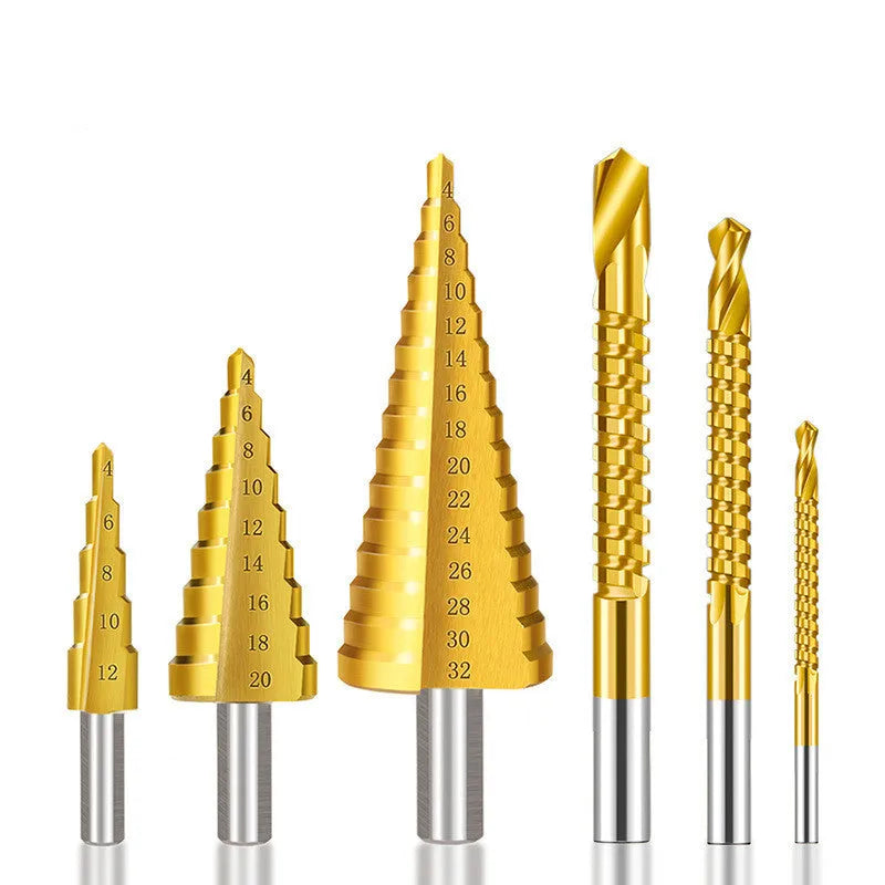 High-speed steel step drill bits and a centre punch set on a workbench, showing colour-coded tools.