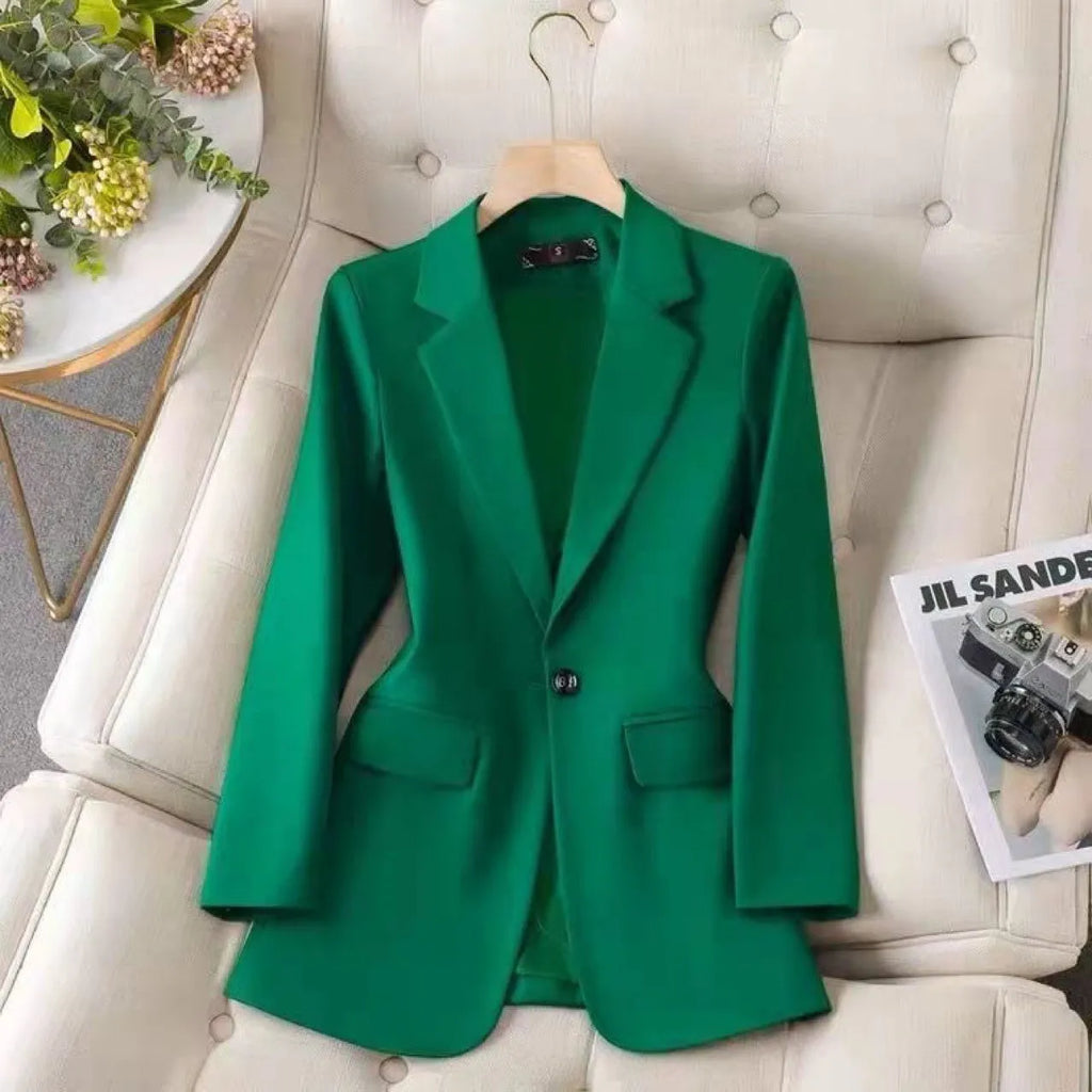 Women's split mid-length tailored suit top in green with three-dimensional pattern, long sleeves, regular fit